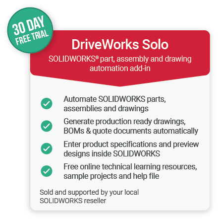 Prueba gratuita de DriveWorks Solo en SOLIDWORKS®
